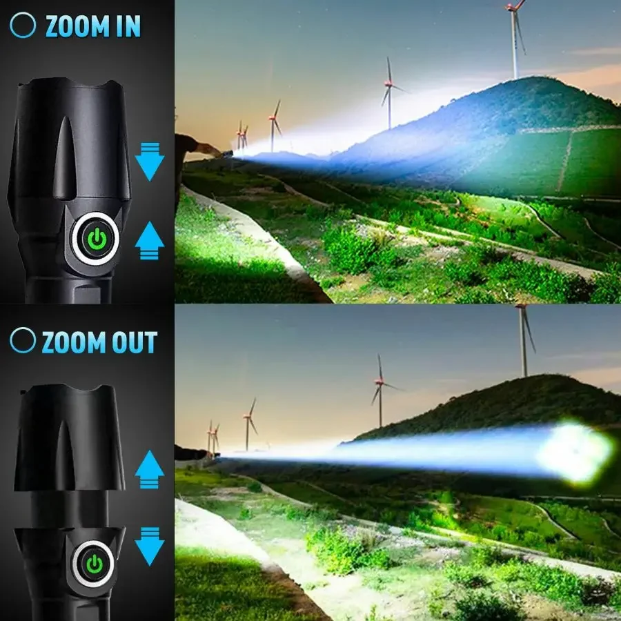 Ultra-Bright Zoomable Rechargeable LED Flashlight Work Lamp Adjustable Focus Torch Water-Resistant Handheld Flashlights