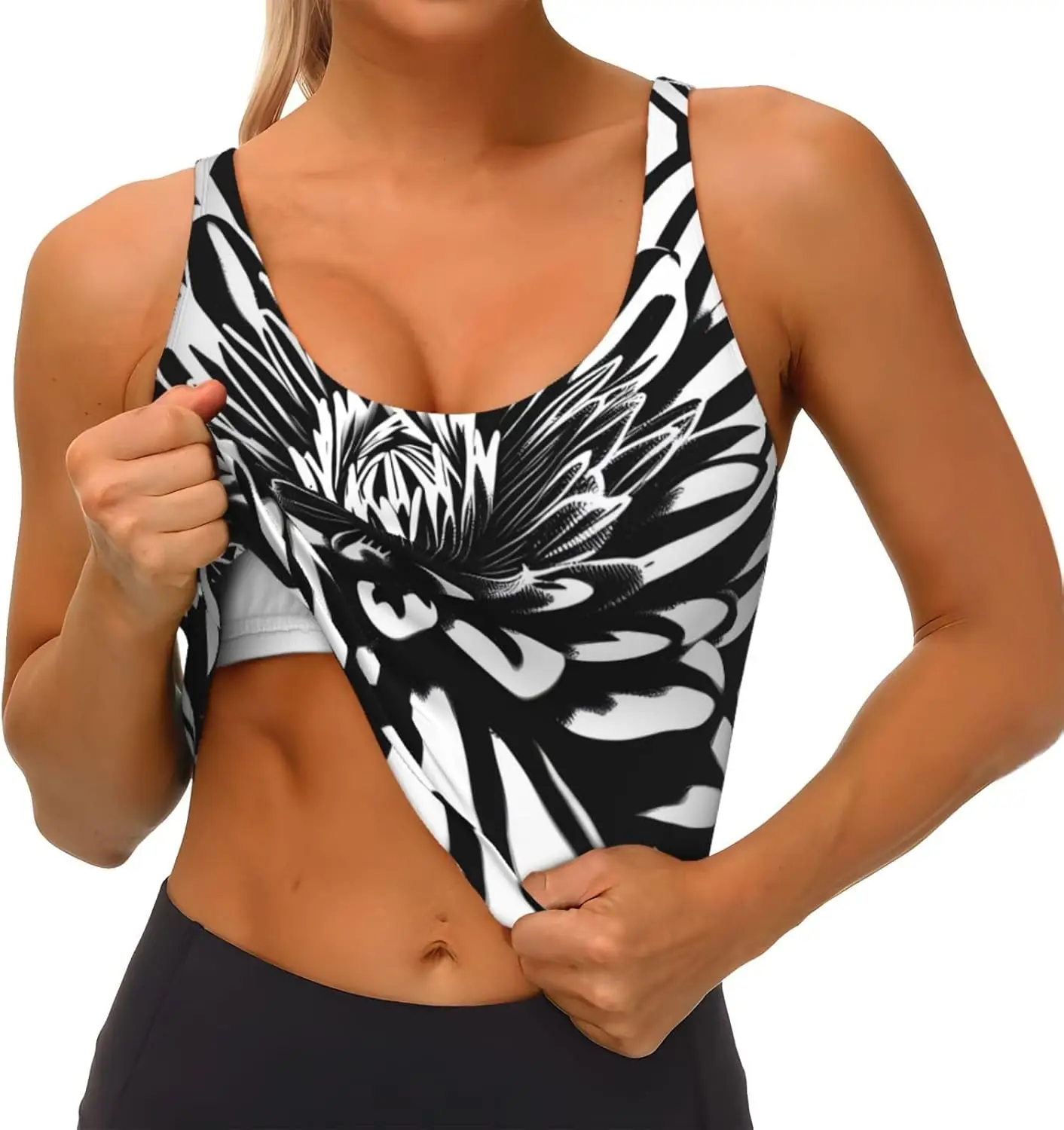 ブラック ホワイト フラワー プリント レディース スポーツ ベスト ヨガ ワークアウト フィットネス用 - アスレチックな女の子向けのカジュアル ノースリーブ、ブラック、XL