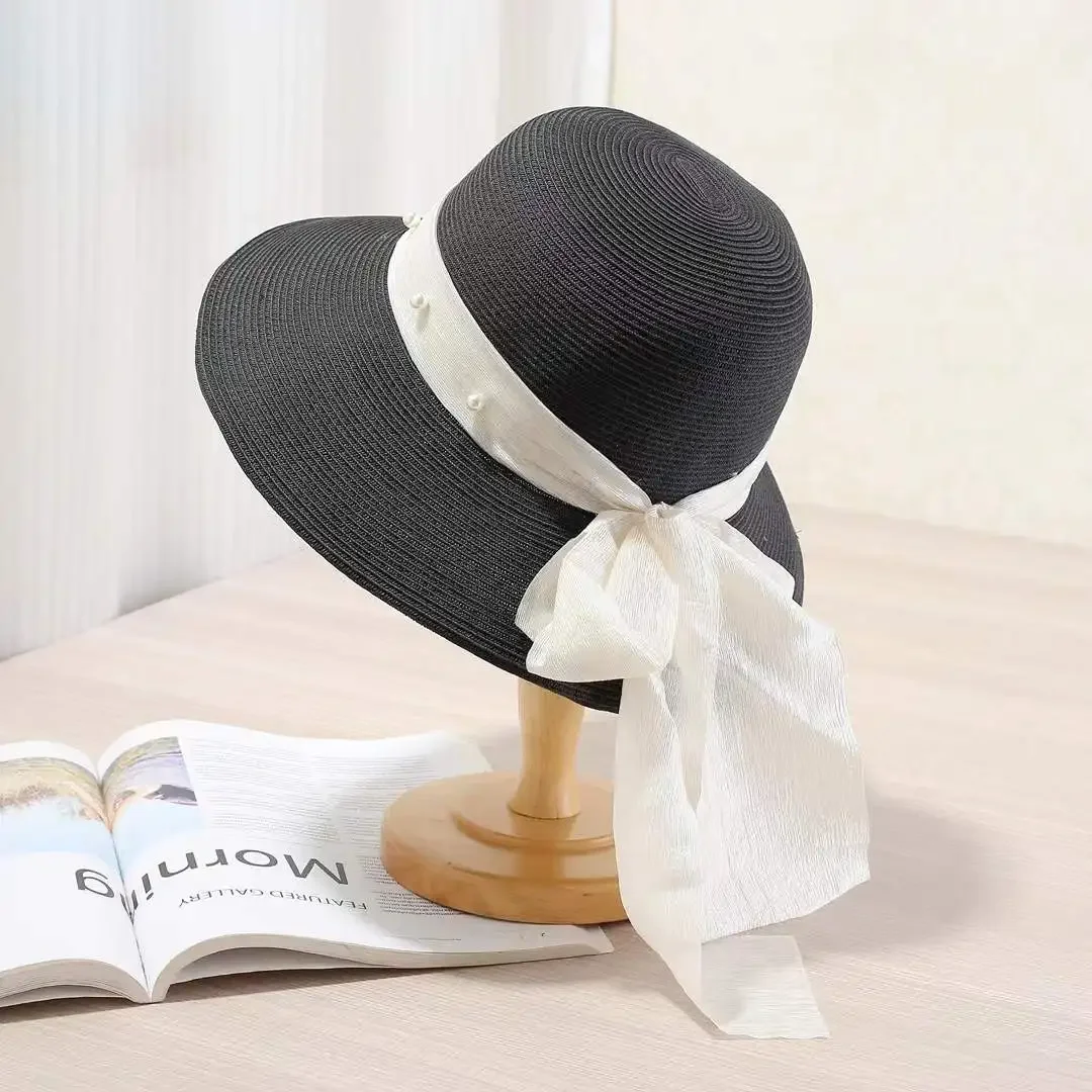 

Ins New Girls Outdoor Pearl Bowknot Hat UV Protection Wide Brim Sun Cap Women's Beach Hats Sun Visor Adjustable Hot Sale