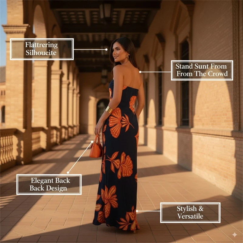 فستان طويل بدون حمالات بطبعة زهور للنساء، مقاس نحيف، طراز أنبوبي للإجازات - مظهر جزيرة الصيف
