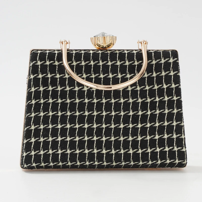 Black Purses and Handbags Plaid Woolen Fabric Women Clutch Luxury Brand Bag High Quality Designer for Wedding Evening Party