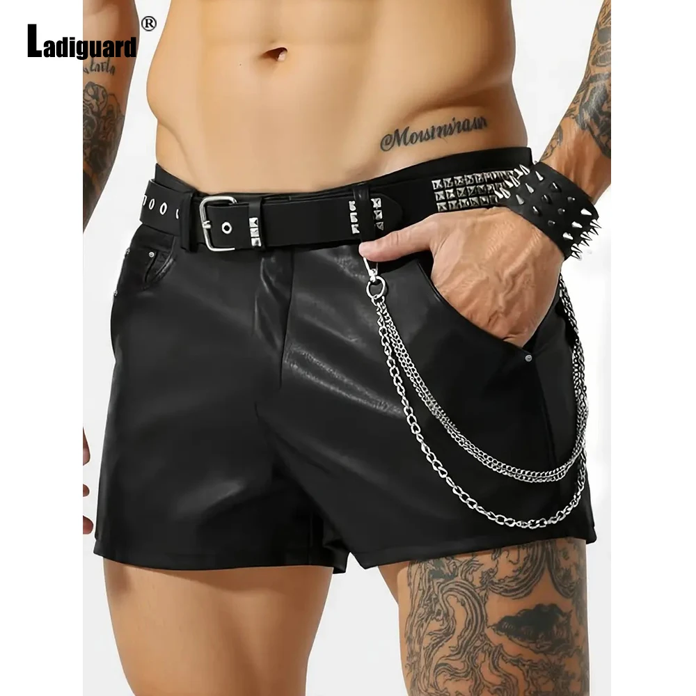 

Men's Grunge Rock Style PU Leather Shorts Sexy Night Club Dance Shorts Men Fashion Zipper Pocket Faux Leather Short Pants New