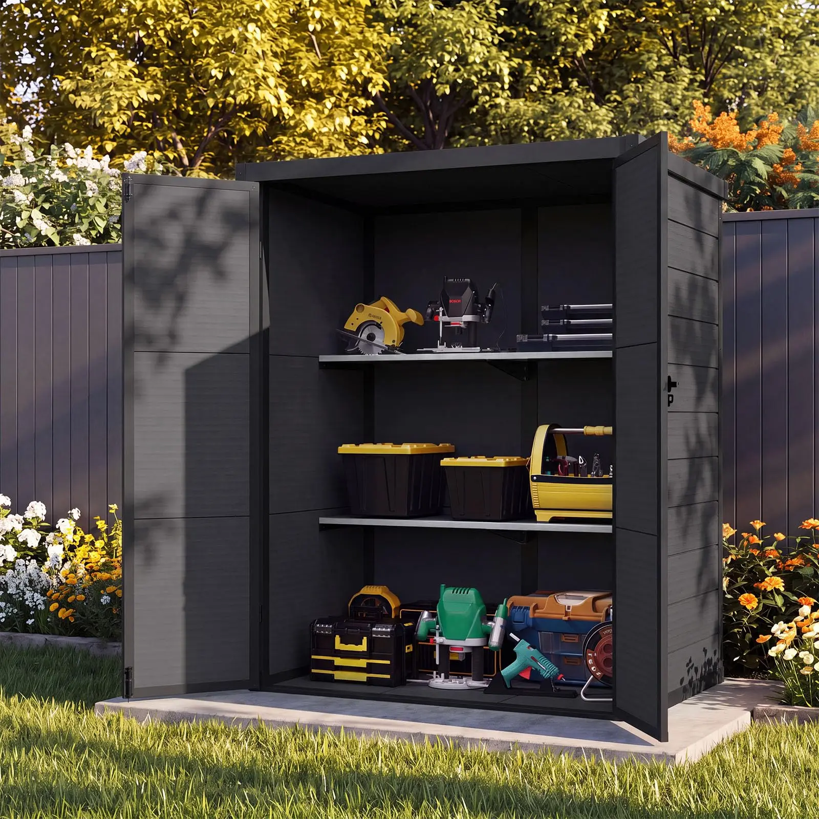 55 Cuft Outdoor Tall Storage Shed, 5×3 FT Veal Shed with Floor, Lockable Do & 2 Shelves, Heavy-Duty Plastic Cabinet for