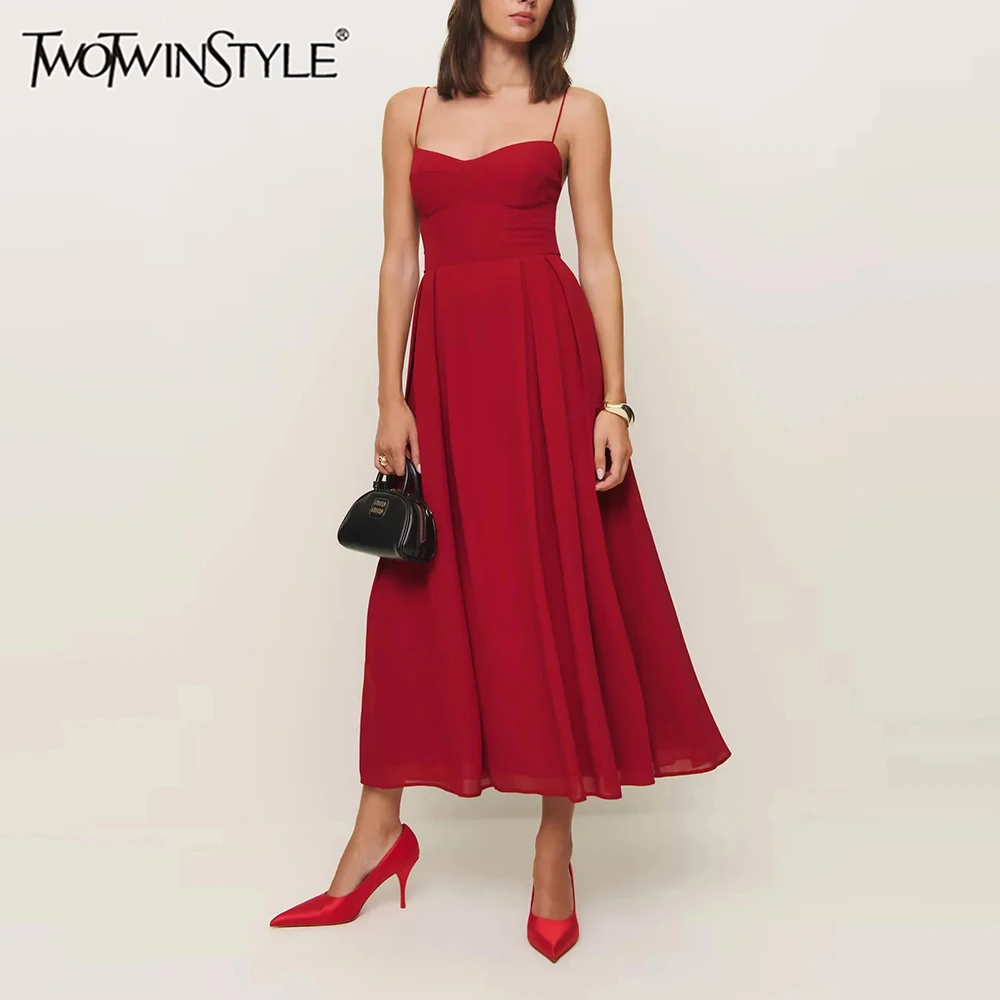 TWOTWINSTYLE 固体痩身ドレス女性のためのスクエアネックノースリーブハイウエスト気質ドレス女性のファッション