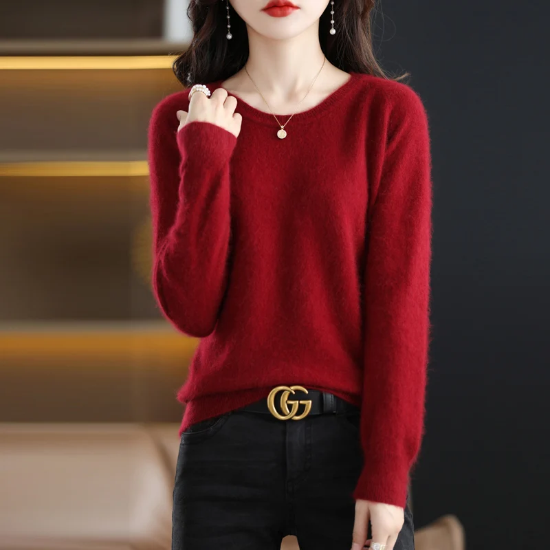 DjzDsm Ladies Pure Mink Cashmere Sweater Low Round Neck Long Sleeve Loose Autumn And Winter Warm Knit Jumper Solid Color Top