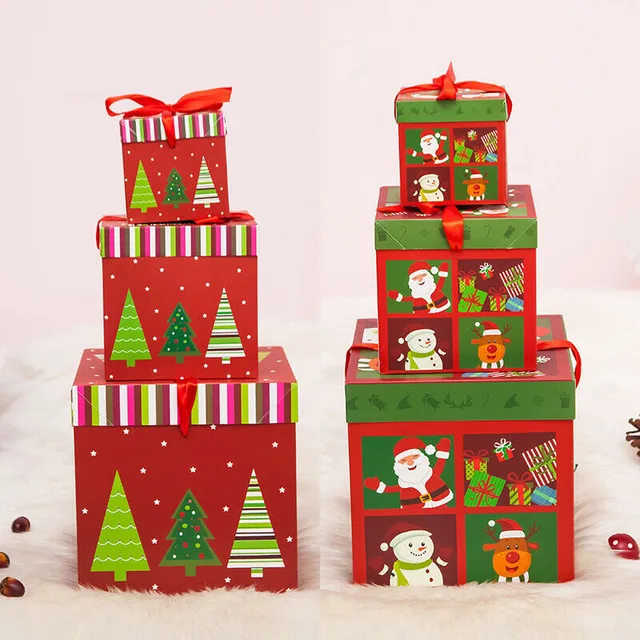 Red and green Christmas gift boxes with Santa, snowman, reindeer and festive tree designs