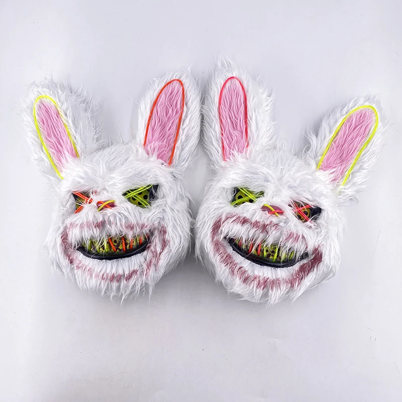 Halloween Rabbit Full Face Mask Plush Headgear Cosplay Bloody Rabbit Long Ears Bunny Mask Luminous LED Light Flashing Mask