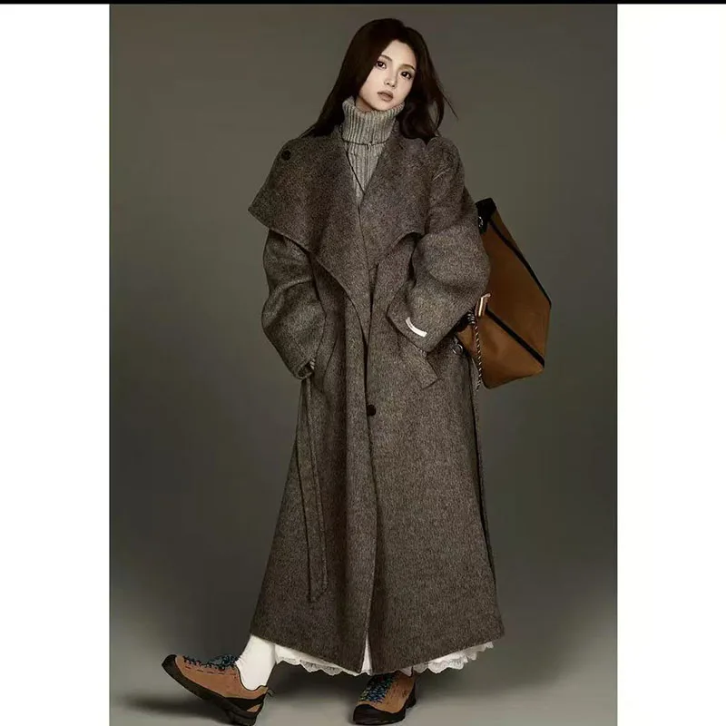 

Новинка 2025, шерстяная куртка, шерстяное пальто с капюшоном, осеннее женское кашемировое пальто с волнистой водой, женское повседневное свободное шерстяное пальто на шнуровке, классическое