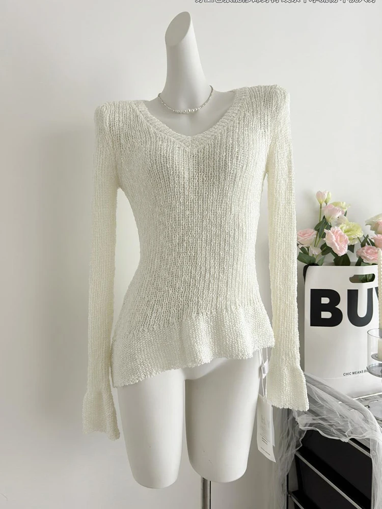 Autumn Winter Woman French Vintage Jumper Solid Color V-Neck Sweater Long Sleeve Pullovers Knitwear Aesthetic Simple Hollow Out