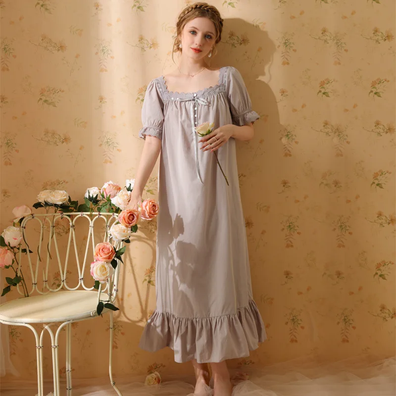 

Pure Cotton Vintage Women Short Sleeve Loose Long Robe Sleepwear PrincessDressing Gown French Elegance Palace Style Summer