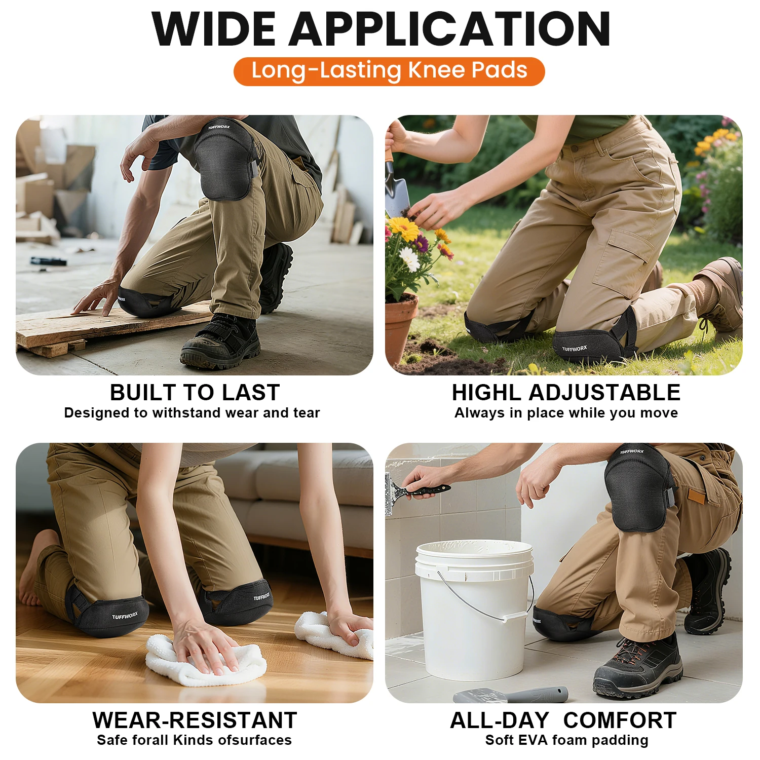 Genouillères, sangles solides, genouillères de sol, genouillères pour le jardinage et genouillères souples, avec sangles réglables