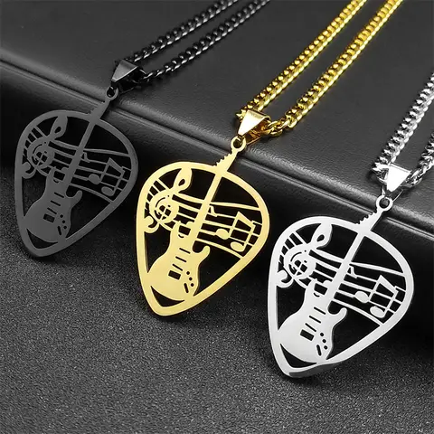 Rock Music Guitar Pick Pendant Necklace for Women/Men Stainless Steel Punk Musical Bass Note Chain Party Gift Jewelry 8418-QKC