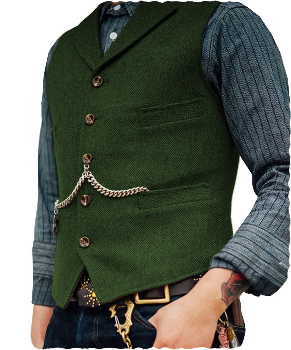 

Men's Tweed Suit Vest Formal Wedding Dress Waistcoat Slim Fit Herringbone Blazer Vest 5 Buttons 4-Pocket Winter Costume for Men