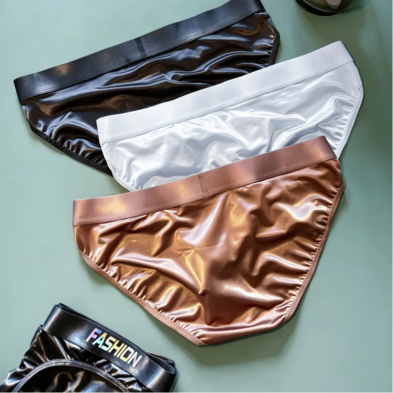 Men's Shiny Glossy Ice Silk Briefs Gradient Letter Wide Waistband Ultra Smooth Soft High Elastic Sexy Low Rise Male Underwear