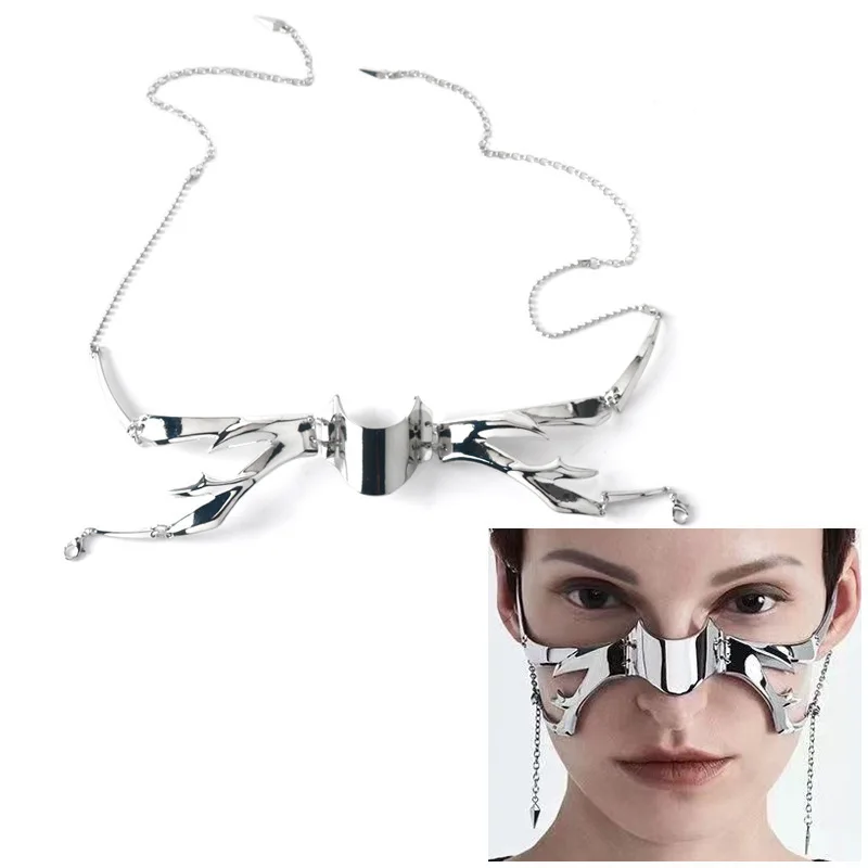 Cyberpunk Metal Mask Niche Design Irregular Fluid Mechanical Wind Earrings Lip Rings Adjustable Face Accessories for Men