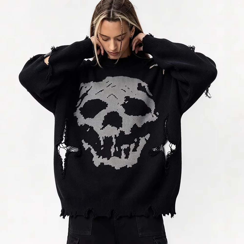 Autumn Winter Gothic Y2K Skull Jacquard Knitted Sweater, Unisex Round Neck Distressed Frayed Halloween Casual Pullover Tops