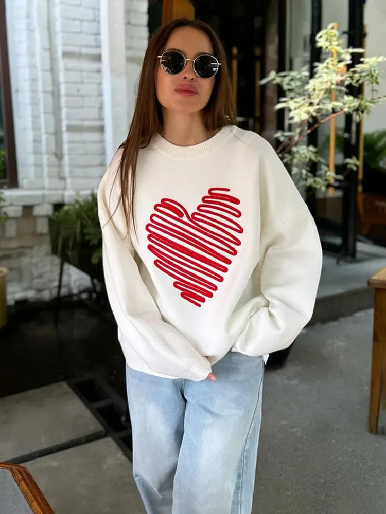 

TARUXY Autumn Heart Knitted Sweater For Women Niche Loose Pullovers Long Sleeve Female Fashion Contrast Color Sweater Casual