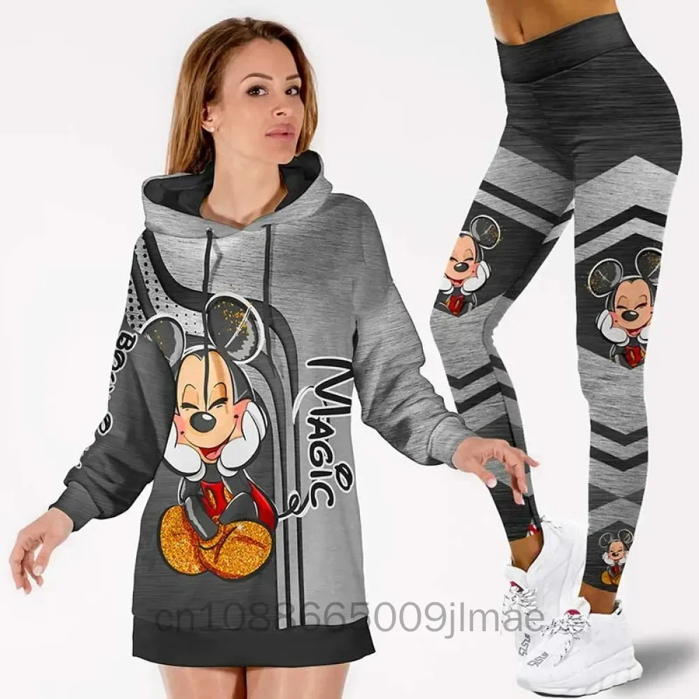 Mickey Womens 3d Hoodie Dress and Leggings Set Disney Yoga Pants Sweatshirt Set Fashion Casual Hoodie Sweatpants Sportswear Suit