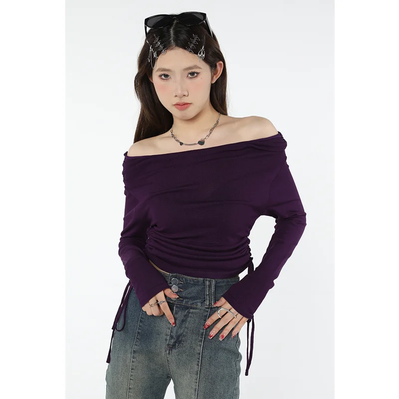 Women Purple Drawstring Knitting Shirt Short Straight Collar Vintage American Fashion Female Long Sleeves Casual Spring Pullover