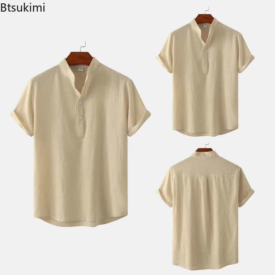 Men's Stand Collar Short Sleeve Shirt Summer Male Lightweight Breathable Beach Vacation T-Shirts Casual Daily Loose Blouse Tops