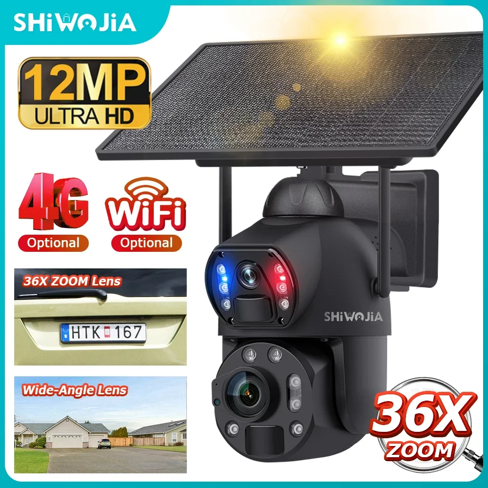 

SHIWOJIA 6K 12MP 36X Zoom 4G Solar Camera Dual Lens Dual Screen Human Detect Auto Tracking Outdoor 10W Solar Panel WIFI CCTV
