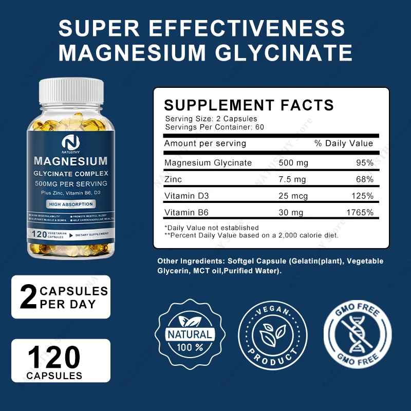 Magnesium Glycinate Capsules with Zinc for Sleep Quality, Muscle Recovery, Heart, Brain Health