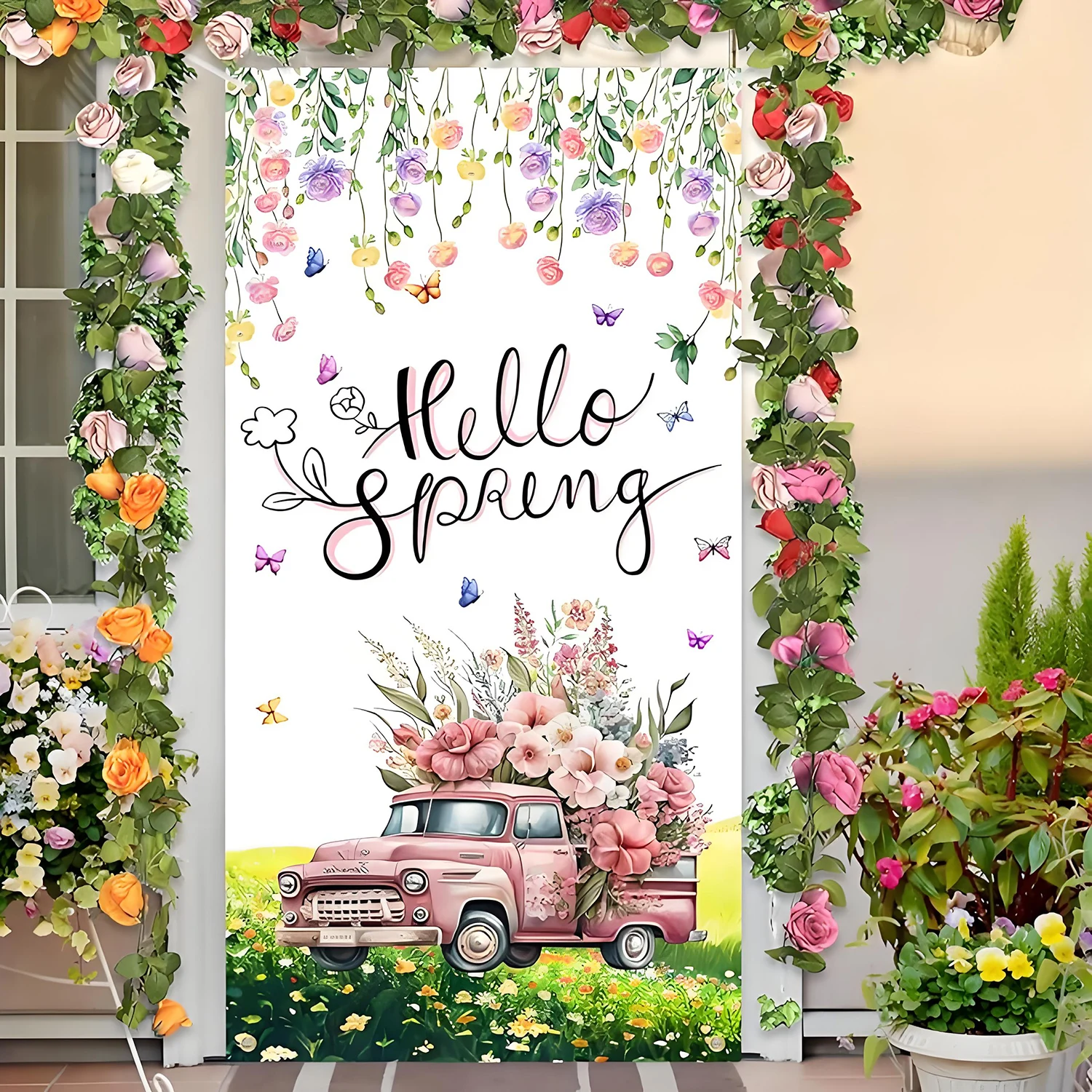 Hello Spring Door cover decorated with colorful flower banners Butterfly Green truck Spring seasonal outdoor items view 6