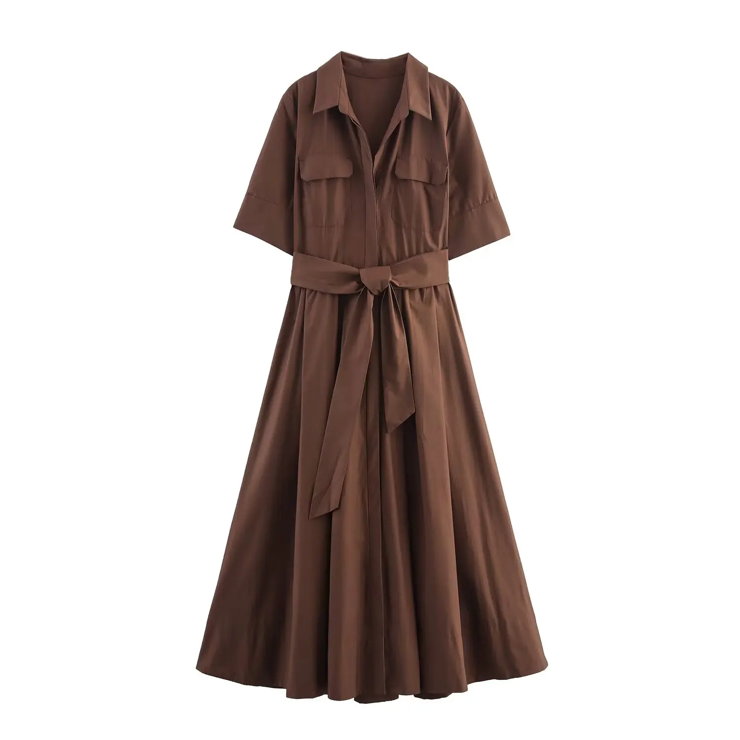 HH Vrouwen Mode Revers Korte Mouw Pocket Single-Breasted Riem Versieren Midi Jurk Vrouwelijke Zomer Elegante Slanke Geplooide Jurk