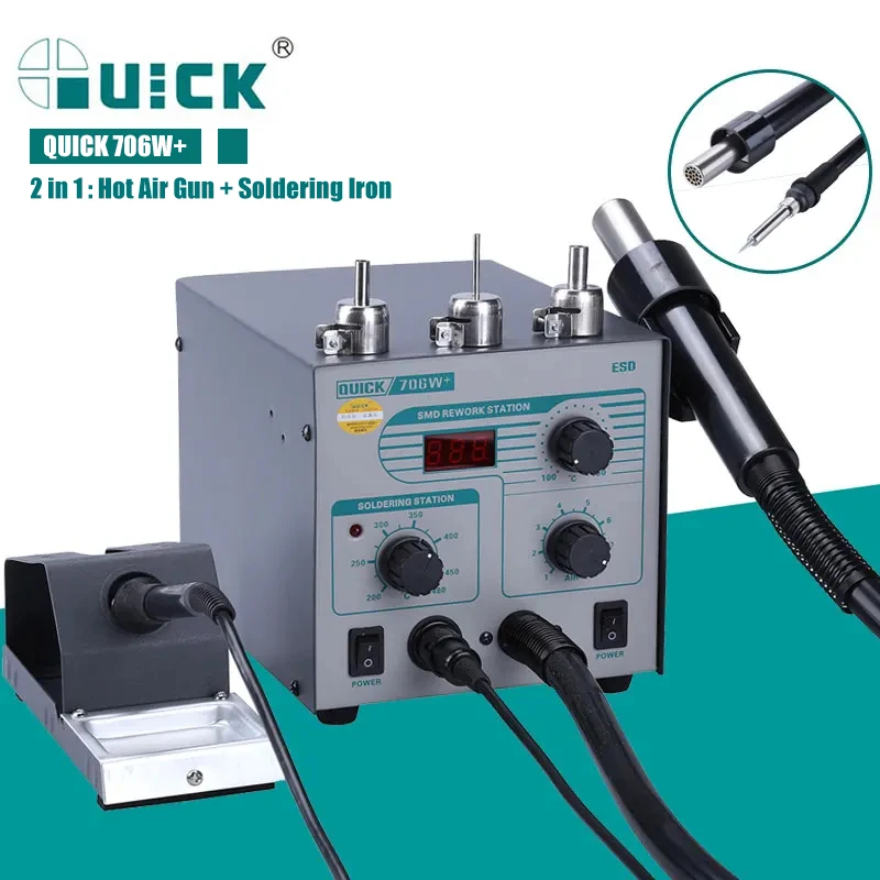 QUICK 706W+ 2 in 1 Digital Display Hot Air Gun + Soldering Iron Anti-static Temperature Lead-free Rework Station With 3 Nozzles