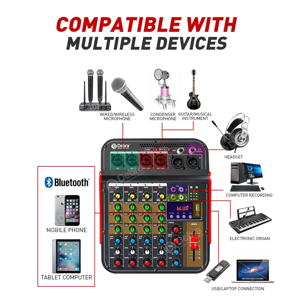 DM4 6-channel audio mixer, DJ console with 48V phantom, Bluetooth, USB to PC recording and playback for karaoke, outdoor parties