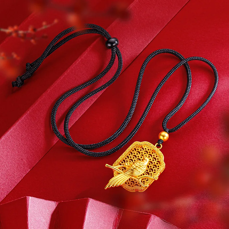 24K real gold New Chinese style Xi Deng Branch Pendant 9999 Gold Cloisonn Palace Style Retro Magpie Flower Window Pendant