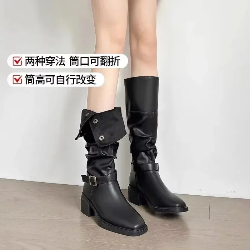 

Women High Boots Designer Shoes Mid Heels Brand Motorcycle Botas Spring Casual Fashion Knee High Boots Outdoor Work Botas Mujer