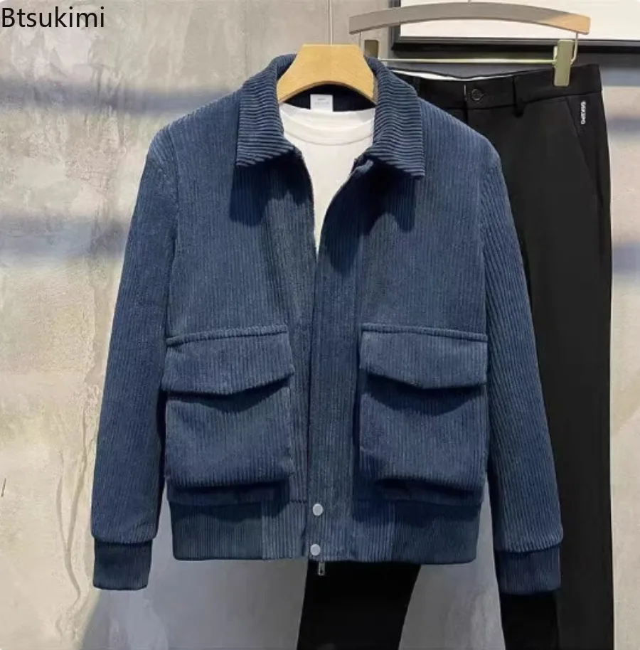 2025 Autumn Winter Men's Corduroy Jackets Retro Jacket Solid Color Lapel Large Pocket Slim Fit Coats Fashionable Casual Tops