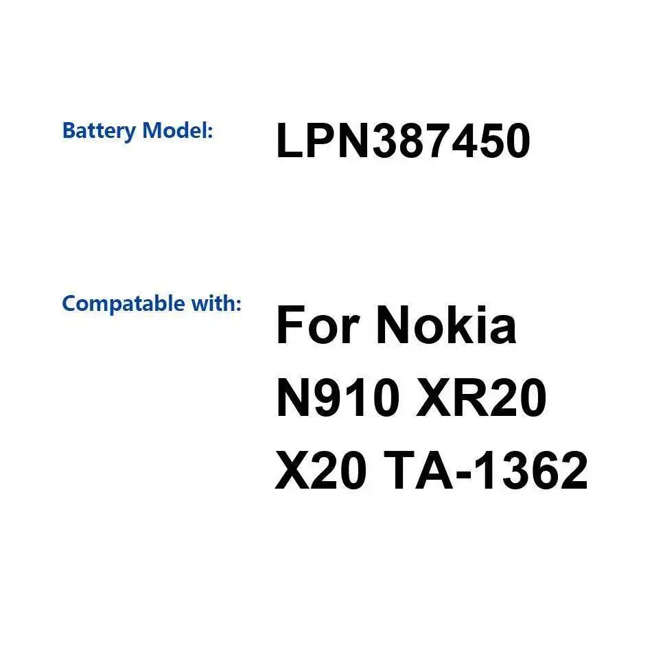 

LPN387450 Легкий аккумулятор мобильного телефона 4630 мАч для Nokia X20 N910 XR20 TA-1362