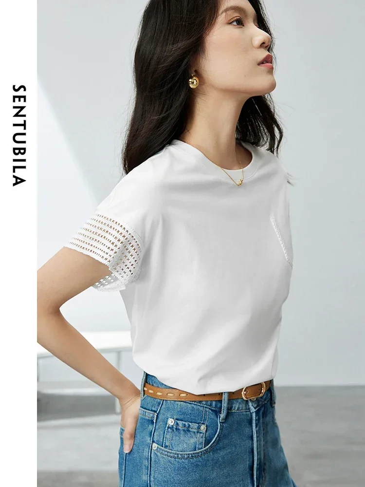 SENTUBILA Women Simple White T-shirts Summer Tops 2024 Fashion Casual Hollow Out Short Sleeve Round Neck Woman Tees 142T54105