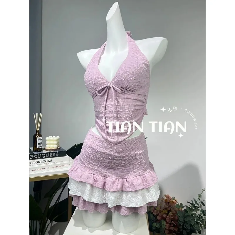 

Womens Textured Halter Bikini Three Piece Layer Ruffle Skirt Beach Hot Spring Swimwear