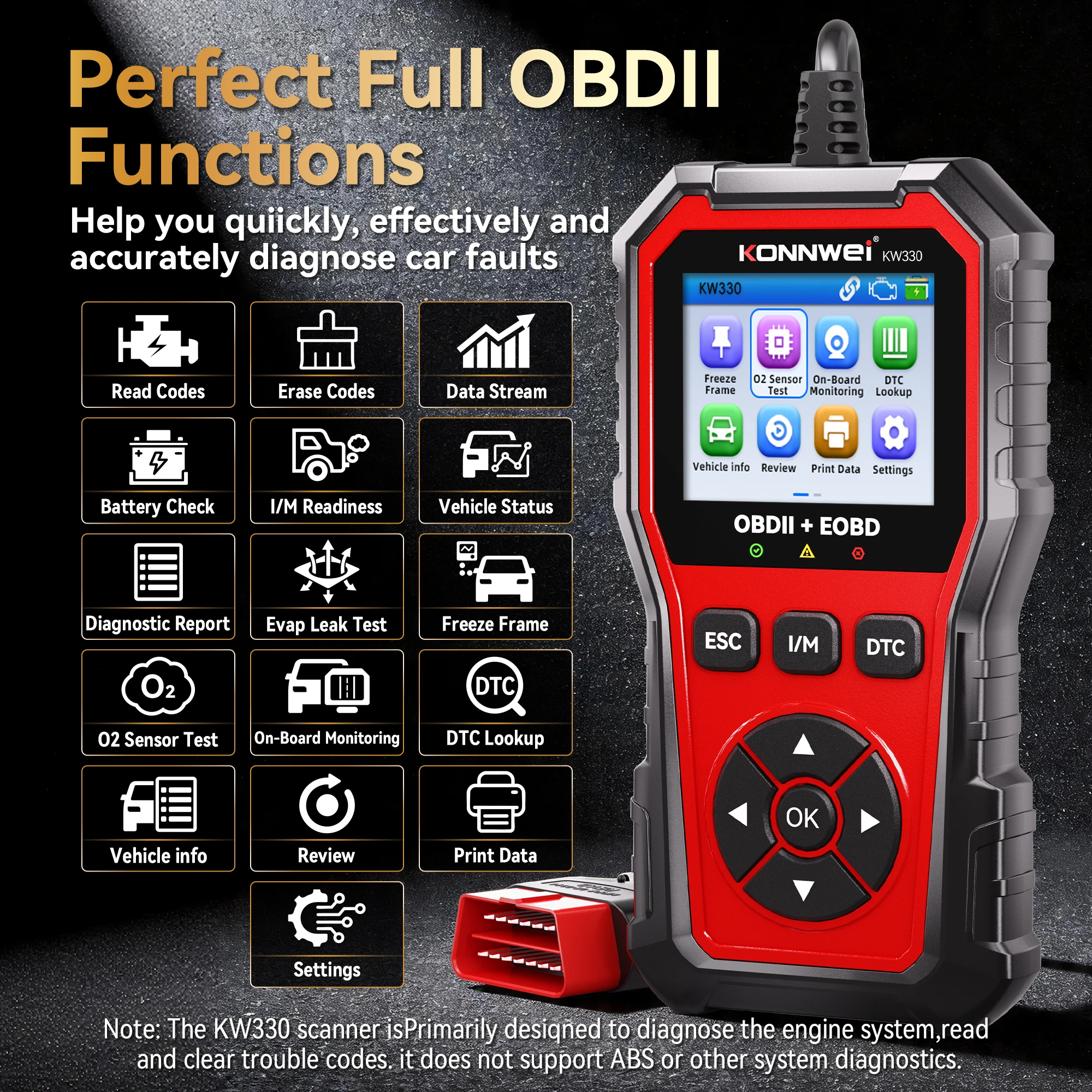 KONNWEI KW330 Automobile OBD2 Diagnostic Tool Engine Battery Check Fault Code Erase Read DTC Lookup Scanner Car OBD Function DIY