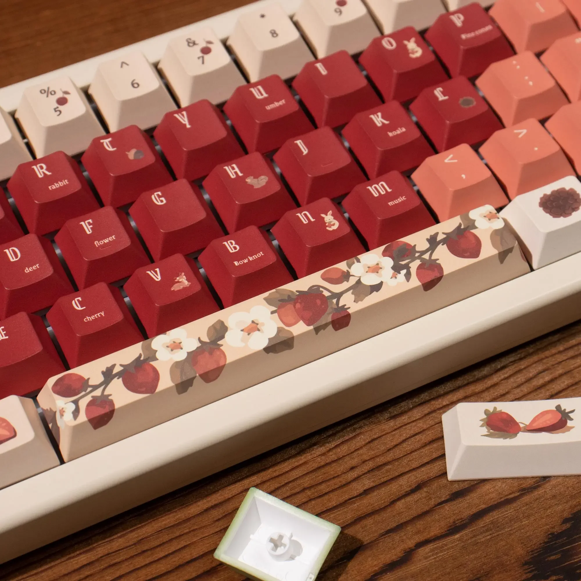 Imagem -02 - Retro Vermelho Pequena Floresta Keycap Pbt Sublimação Cherry Squirrel Elemento Keycap Barra de Espaço l Forma Entrar Chave 153 Chave 2.25 7u