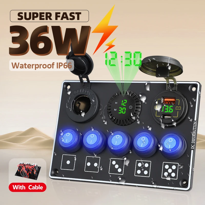 36W 5 Gang Waterproof Rocker Switch Panel 12V 24V LED Digital Voltmeter QC3.0 & PD Dual USB Car Charger Adapter Socket RV Boats