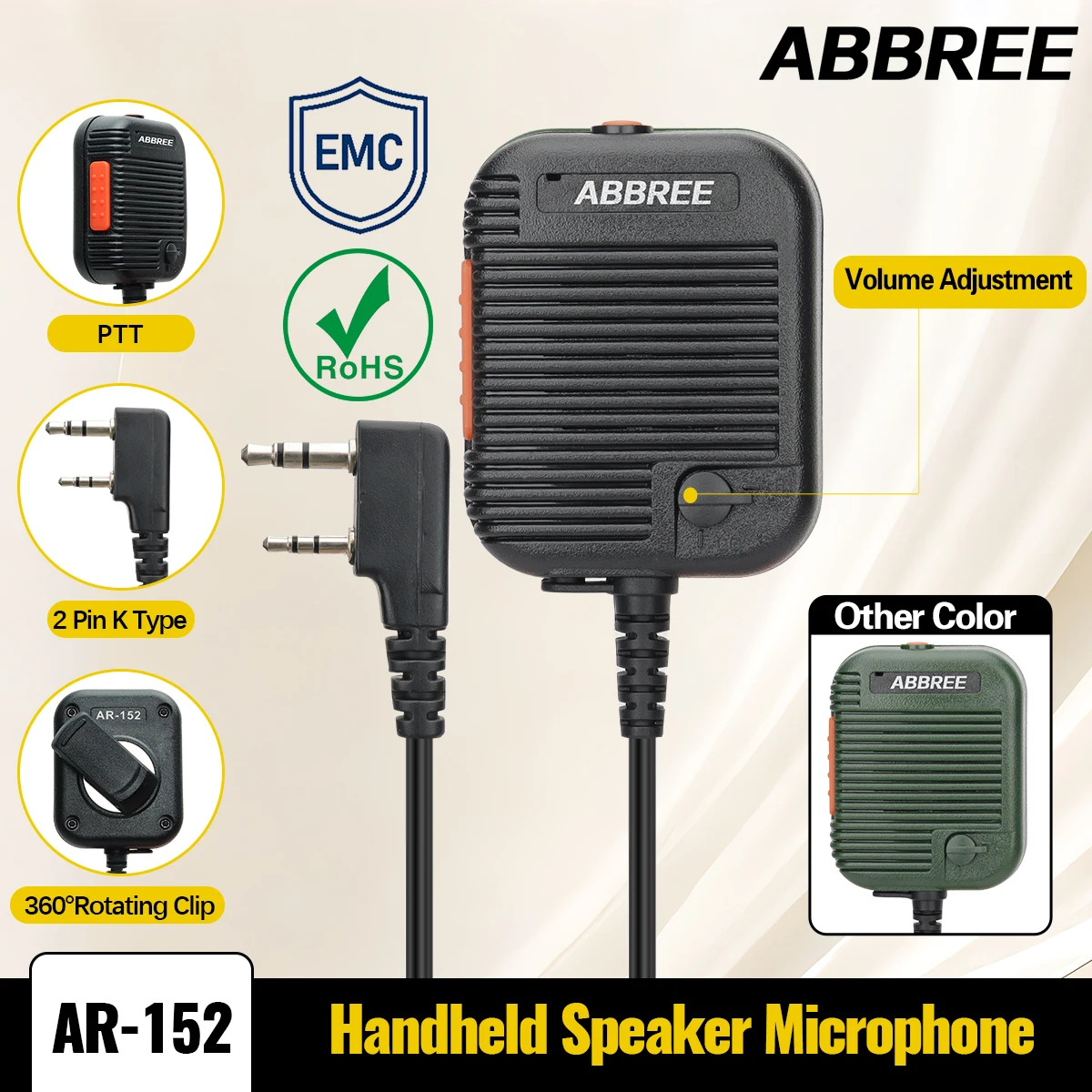 ABBREE AR-152 Walkie Talkie Speaker Mic K Plug 2 Pin Volume Adjustable For BAOFENG AR-152 UV-5R UV-25 PRO Ham Two Way Radio