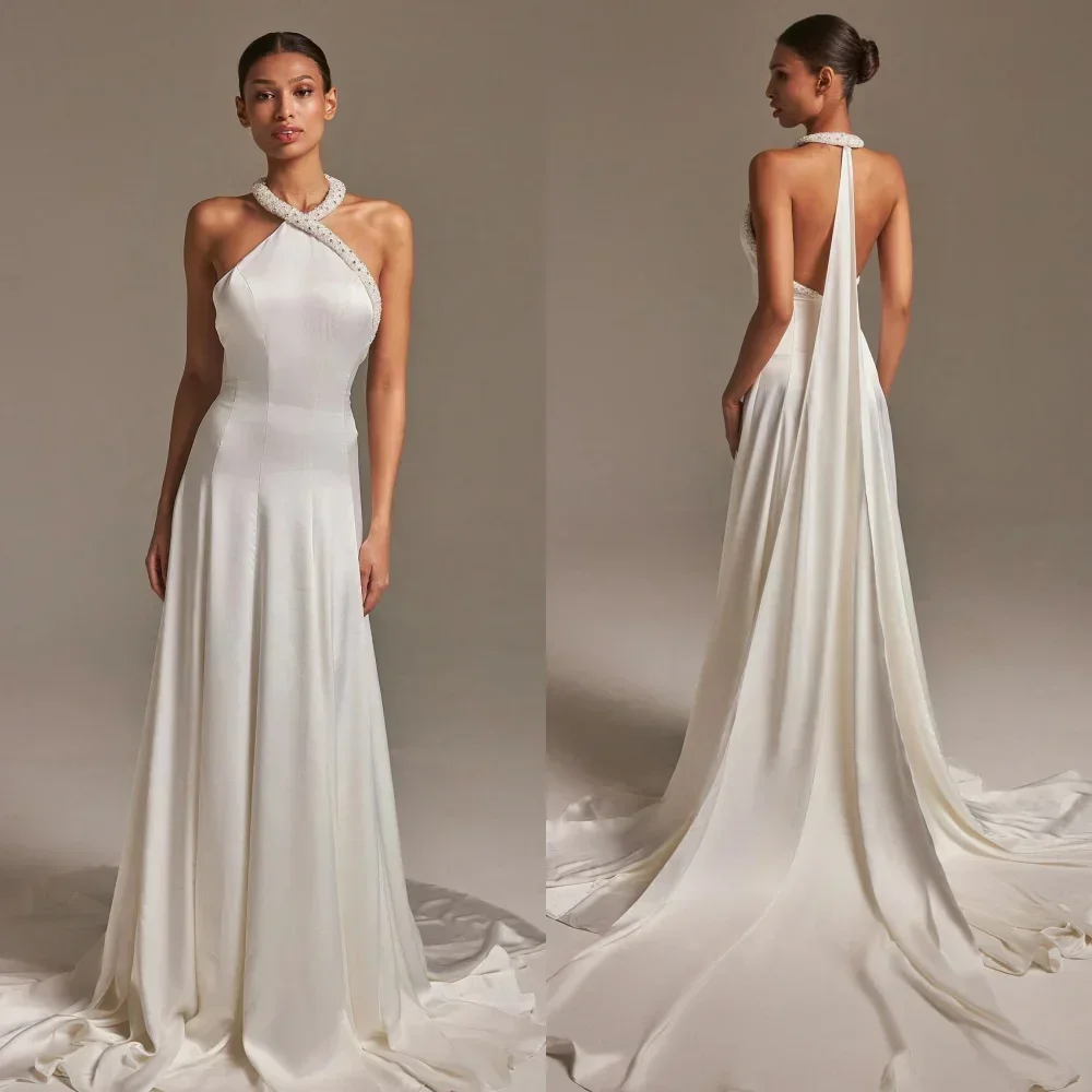 Aangepaste elegante moderne stijl formele jersey gedrapeerde a-lijn halter lange jurken avondjurken hoge kwaliteit sexy bijpassende klasse