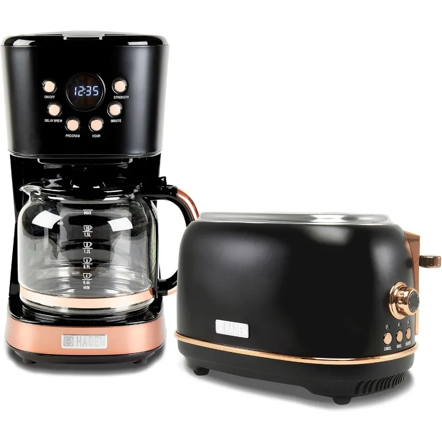 محمصة خبز من الفولاذ المقاوم للصدأ ذات فتحة واسعة مكونة من شريحتين مع 12 كوبًا قابلة للبرمجة ماكينة صنع القهوة بالتنقيط ماكينة القهوة باللون الأسود #1