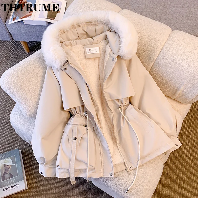 Elegant Fleece Lined Hood Down Jackets For Women Fashion Long Sleeve Drawstring Korean Parka Coats Casual Female Clothing Parkas