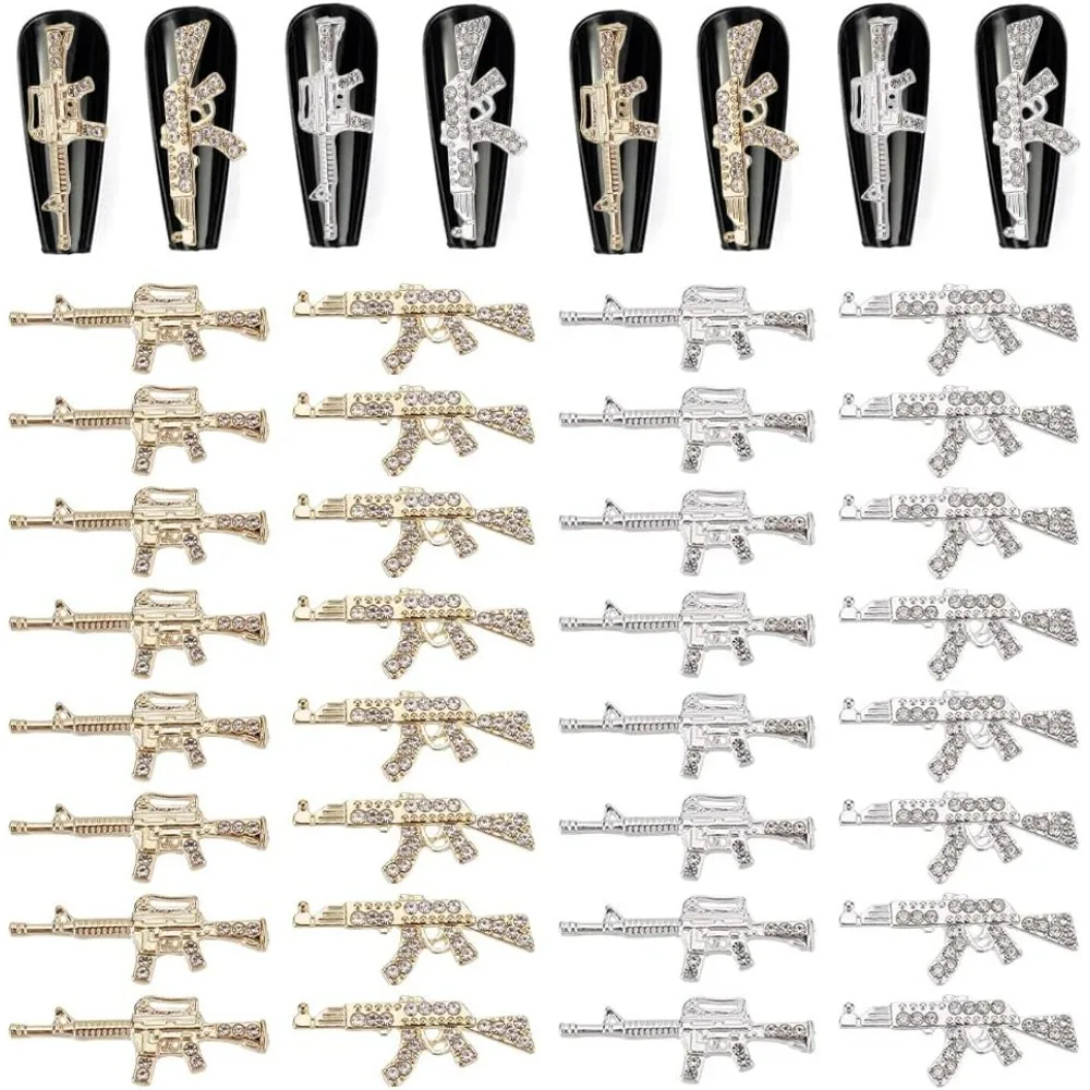 Gun Nail Charms 32Pcs 4 Style 3D Nail Charms with Rhinestones Gun Nail Art Charms Accessories for DIY Nails Art Decoration