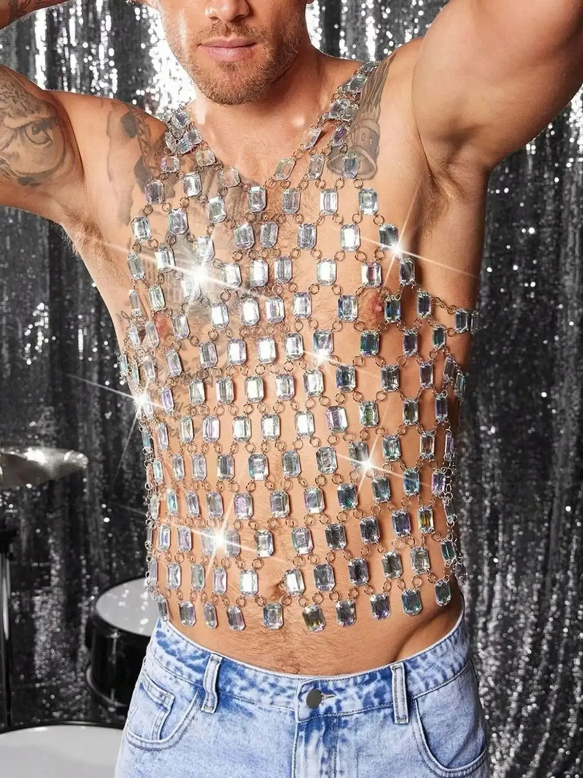 

Metal Chain Vest Tank Top Simulated Gemstone Diamond Club Music Festival Party Nightclub Shiny Heavy Clothing Sleeveless T-Shirt