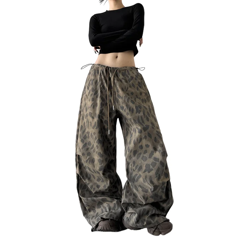 

Женская одежда в американском стиле, повседневные брюки с леопардовым принтом в стиле ретро, ​​свободные брюки прямого кроя, широкие брюки, модные универсальные брюки