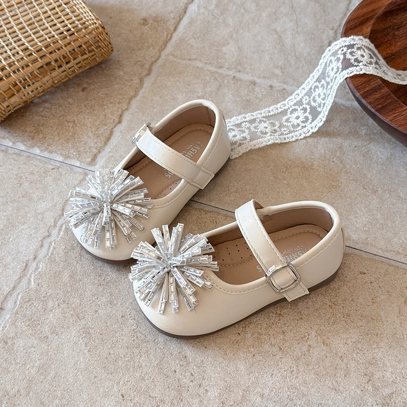 Elegant Girls Princess Rhinestone Flat Shoes Round-toe Children Leather Shoes School Perform Kid Dress Mary Jane Shoes Hook Loop