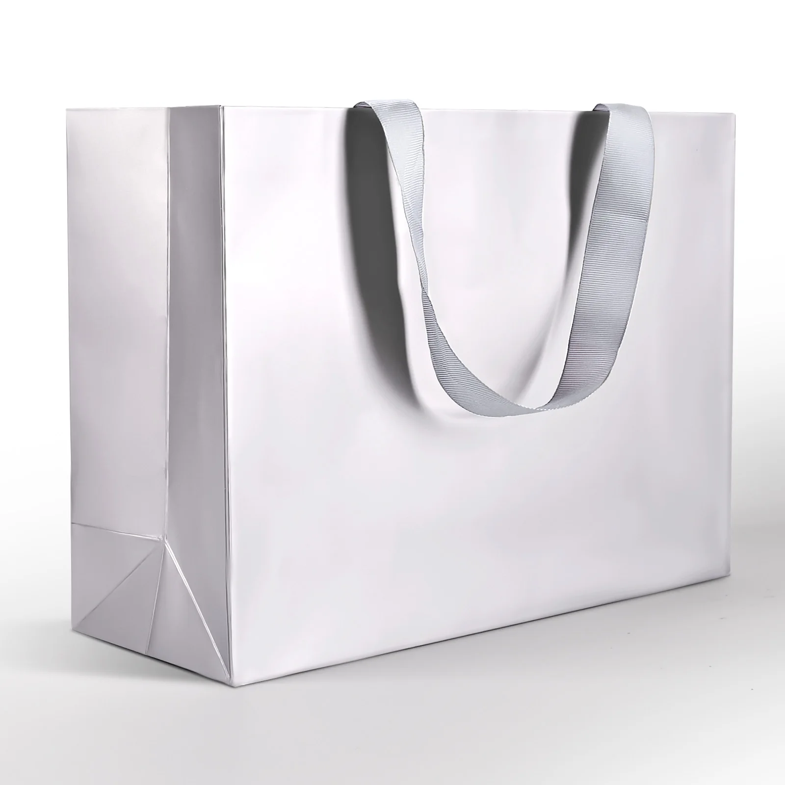 

5 шт. большие серебряные сумки для покупок 15x4x10 дюймов с ручками премиум-класса, настраиваемые для торговых центров, подарочная упаковка