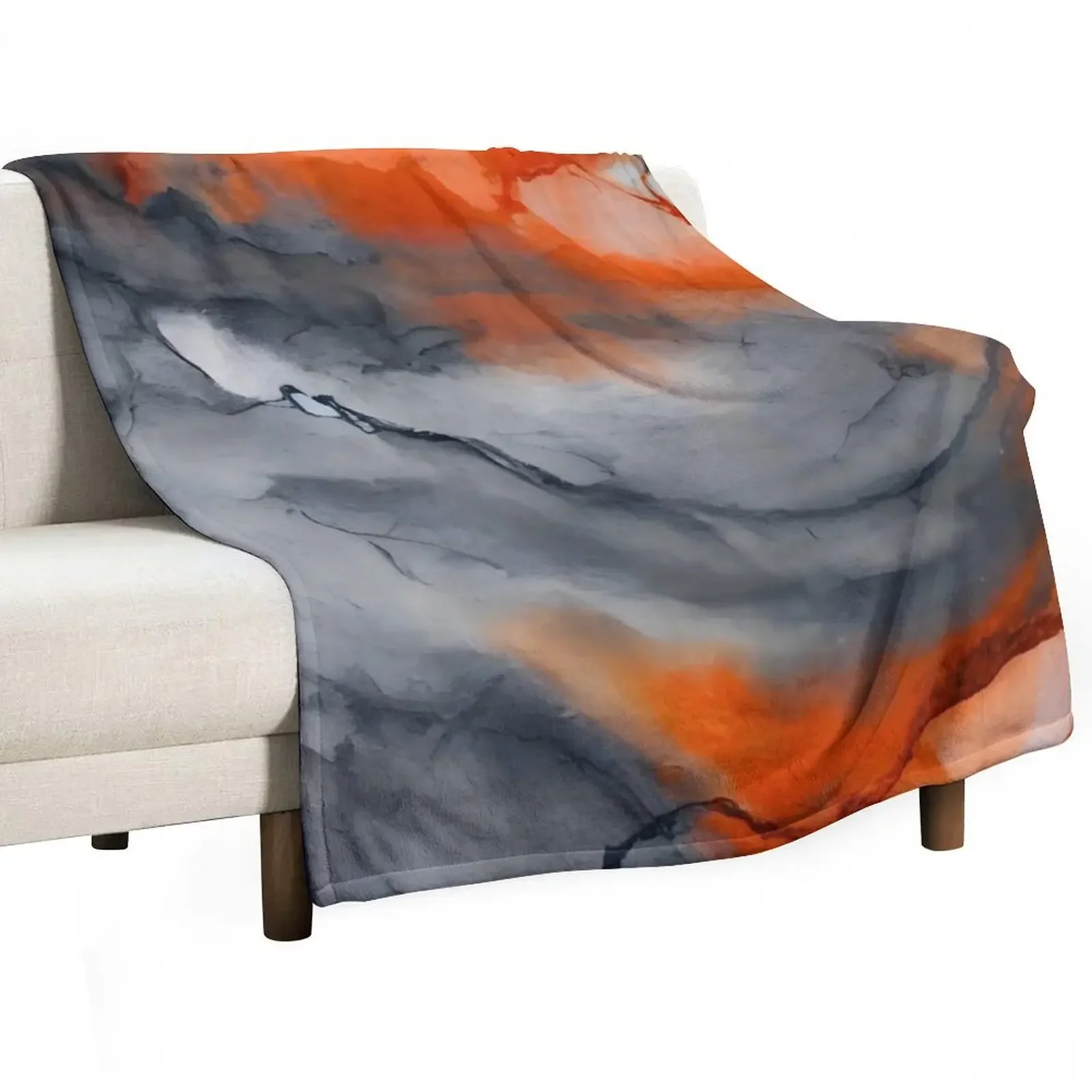 Ethereal Water Muted Grey & Bright Orange Abstract Art Throw Blanket Picnic Loose Luxury Designer Luxury Blankets