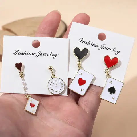 Funny Clock Playing Card Drop Earrings Alice in Wonderland Hearts and Ace of Spades Playing Card Earrings Women Girls Jewelry